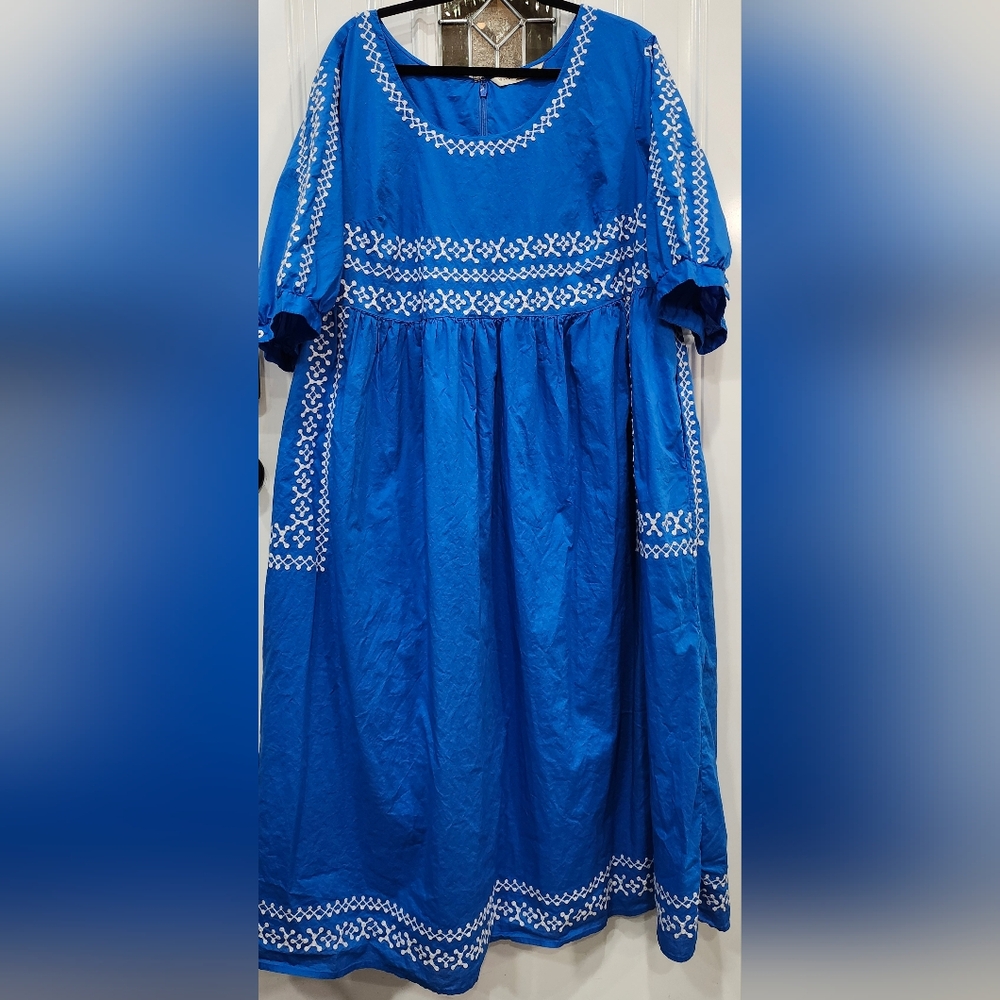 eShakti Wayward Fancies blue embroidered cotton voile dress Women's 2X/22w